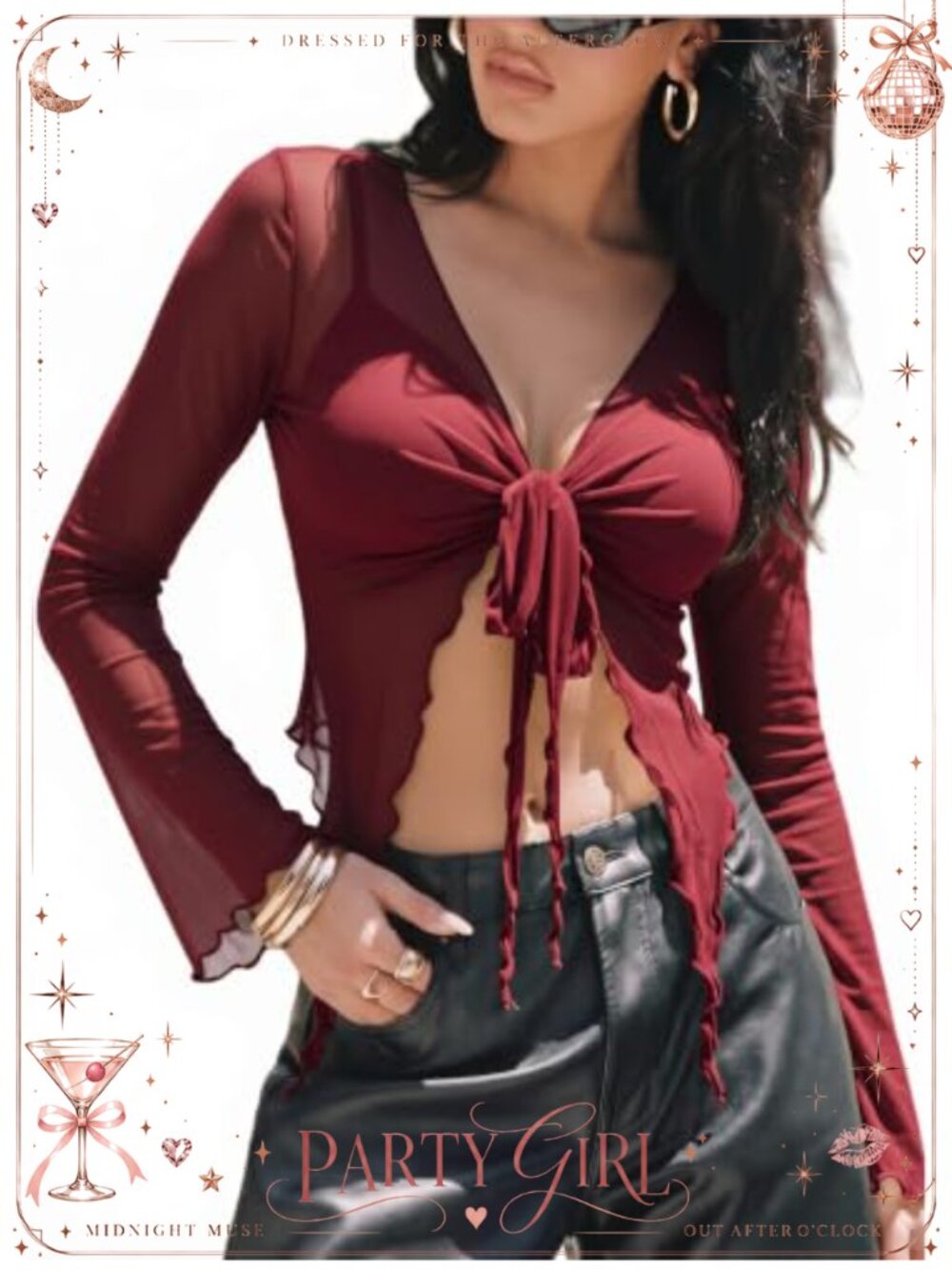 Women Mesh Crop Top Tie Front Sheer V Neck Long Sleeve Sexy Blouse S-3XL